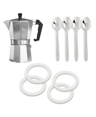 Fino Stovetop Espresso Coffee Maker (Brews 6-Servings) with 4 Demi Spoons and 4 Exact Replacement Silicone Gaskets