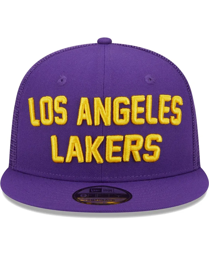 Men's New Era Purple Los Angeles Lakers Stacked Script 9Fifty Trucker Snapback Hat