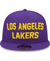 Men's New Era Purple Los Angeles Lakers Stacked Script 9Fifty Trucker Snapback Hat