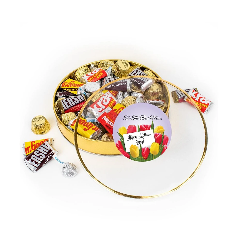 Mother's Day Chocolate Gift Tin - Plastic Tin with Candy Hershey's Kisses, Hershey's Miniatures & Reese's Peanut Butter Cups - Tulips