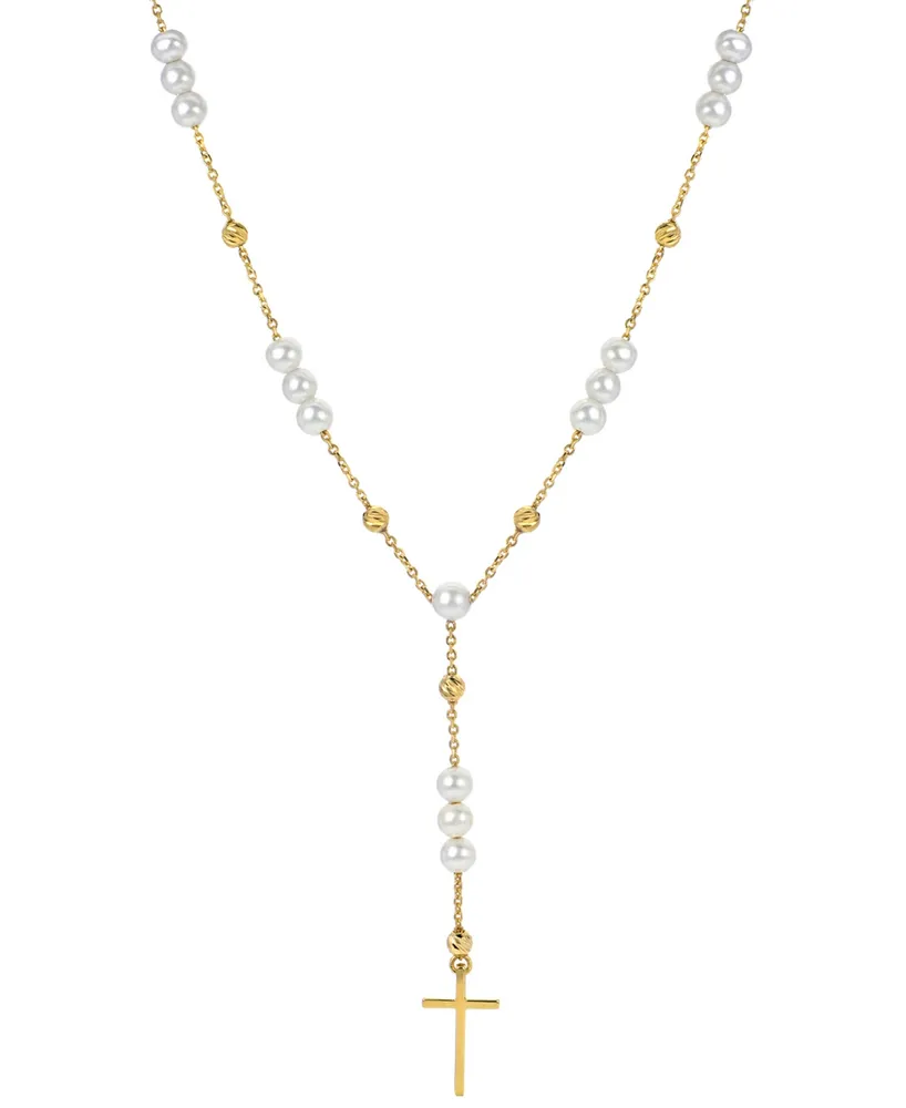 Cultured Freshwater Pearl (4 - 4 1/2mm) Cross 18" Lariat Necklace in 14k Gold-Plated Sterling Silver