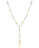 Cultured Freshwater Pearl (4 - 4 1/2mm) Cross 18" Lariat Necklace in 14k Gold-Plated Sterling Silver