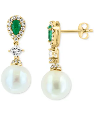 Effy Freshwater Pearl (9mm), Emerald (3/8 ct. t.w.) & Diamond (5/8 ct. t.w.) Drop Earrings in 14k Gold