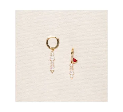 Joey Baby 18K Gold Plated Mix of Extra Small and Small Size Freshwater Pearls with a little Red Heart Zirconia Charm - Aka Earrings for Women