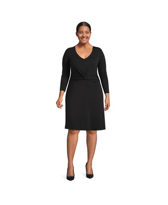 Lands' End Plus Size Lightweight Cotton Modal 3/4 Sleeve Fit and Flare V-Neck Dress
