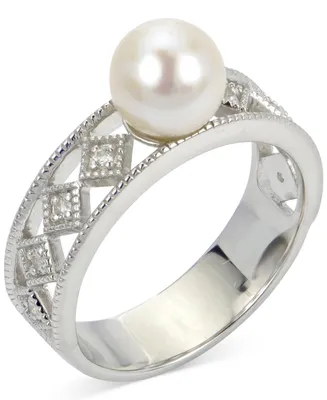 Cultured Freshwater Pearl (8mm) & Lab-Created White Sapphire (1/10 ct. t.w.) Openwork Ring in Sterling Silver