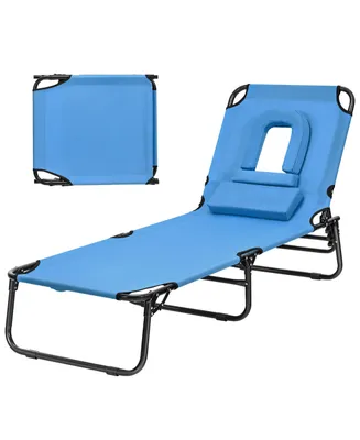 Beach Chaise Lounge Chair with Face Hole Pillows & 5-Position Adjustable Backrest