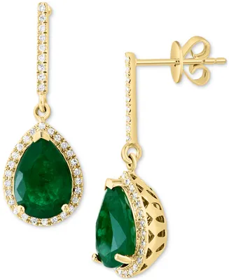 Effy Emerald (3-1/20 ct. t.w.) & Diamond (1/5 ct. t.w.) Pear Halo Drop Earrings in 14k Gold