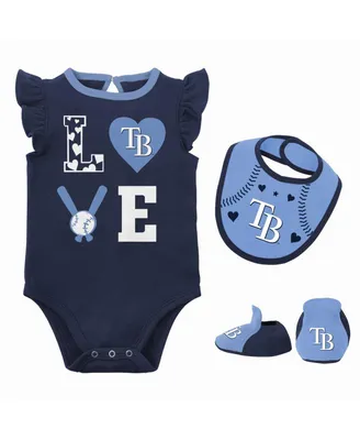 Newborn and Infant Boys Girls Navy, Light Blue Tampa Bay Rays Three-Piece Love of Baseball Bib, Bodysuit Booties Set