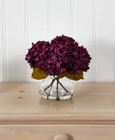 Nearly Natural 8.5"H Hydrangea Artificial Flower Arrangement with Glass Vase