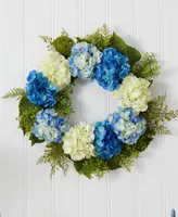 Nearly Natural 24" Hydrangea Blue & White Wreath