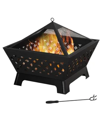 Outsunny 26 Inch Outdoor Fire Pits, Bonfire Wood Burning Firepit Bowl, Camping Fire Pit with Spark Screen Cover, Poker for Patio, or Backyard, Black