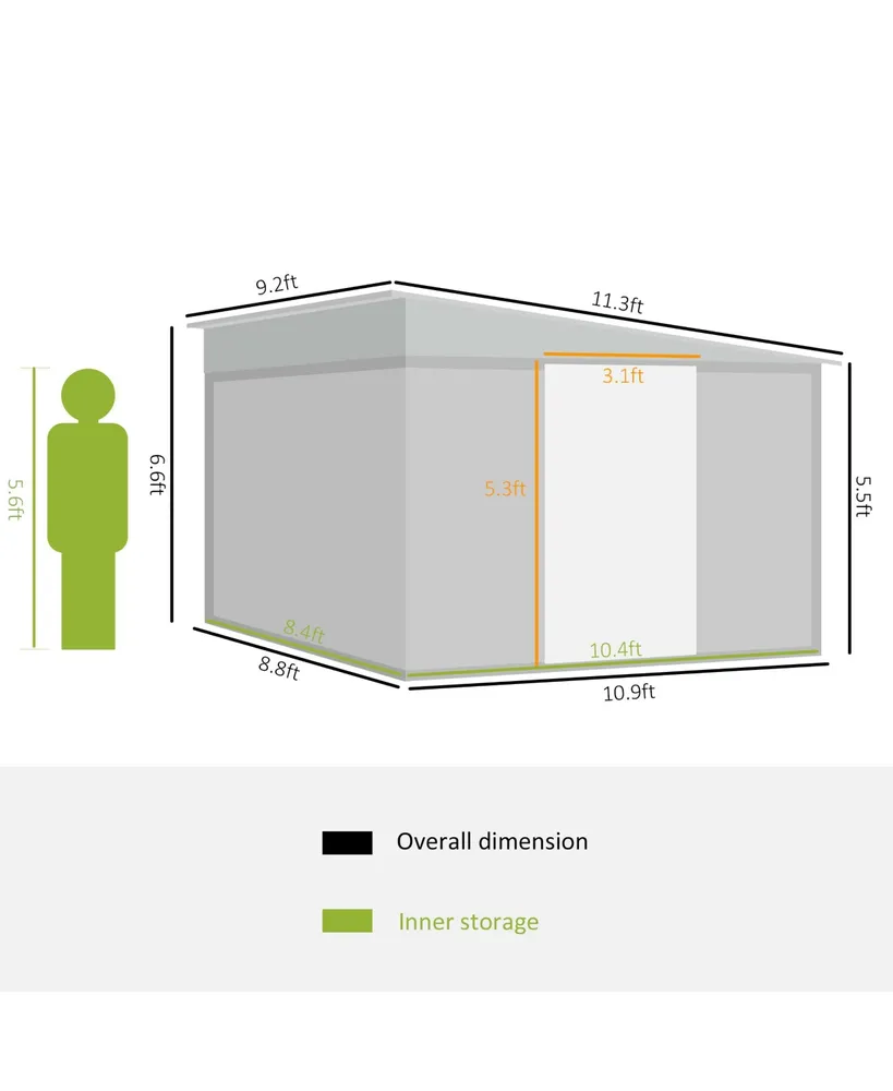 Outsunny 11' x 9' Steel Garden Storage Shed Outdoor Metal Lean To Tool House with Double Sliding Lockable Doors & 2 Air Vents