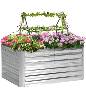 Outsunny Raised Garden Bed with 2 Trellis Tomato Cages, Galvanized Elevated Planter Box with Reinforcing Rods, Elevated & Metal for Climbing Vines, Gr