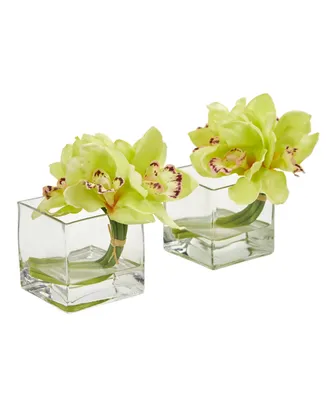 Nearly Natural Cymbidium Orchid Artificial Arrangement Glass Vase (Set of 2)