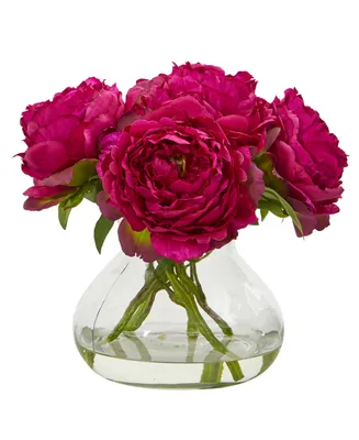 Nearly Natural Peony Artificial Arrangement in Glass Vase