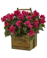 Nearly Natural Bougainvillea Flowering Artificial Plant in Rustic Wood Planter