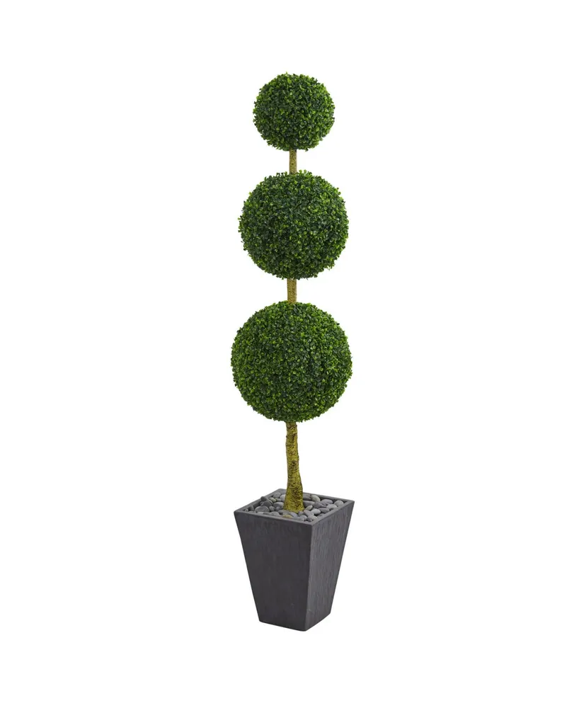 Nearly Natural 6' Boxwood Triple Ball Topiary Artificial Tree in Slate Planter Uv Resistant