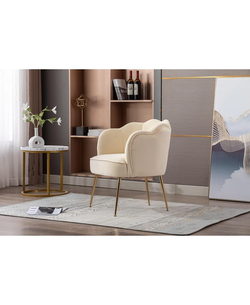 Simplie Fun Shell Shaped Velvet Fabric Armchair Accent Chair With Gold Legs For Living Room Bedroom, Creme White