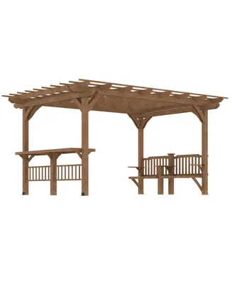 Outsunny 14' x 10' Outdoor Pergola, Wooden Grill Gazebo with Bar Counters and Seating Benches, for Garden, Patio, Backyard, Deck