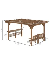 Outsunny 14' x 10' Outdoor Pergola, Wooden Grill Gazebo with Bar Counters and Seating Benches, for Garden, Patio, Backyard, Deck