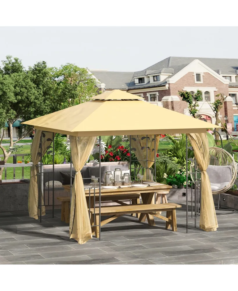 Outsunny 10' x 10' Outdoor Patio Gazebo Canopy with 2-Tier Polyester Roof, Mesh Netting Sidewalls, and Steel Frame Beige