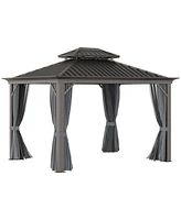 Outsunny Patio Gazebo 12' x 10', Netting & Curtains, 2 Tier Double Vented Steel Roof, Permanent Hardtop, Ceiling Hooks, Rust Proof Aluminum Frame for