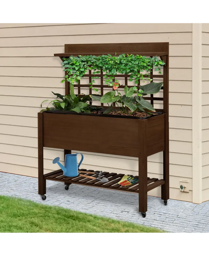 Outsunny 41" Raised Garden Bed with Trellis on Wheels, Wooden Elevated Planter Box with Legs and Bed Liner, for Flowers, Herbs & Vegetables