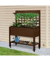Outsunny 41" Raised Garden Bed with Trellis on Wheels, Wooden Elevated Planter Box with Legs and Bed Liner, for Flowers, Herbs & Vegetables