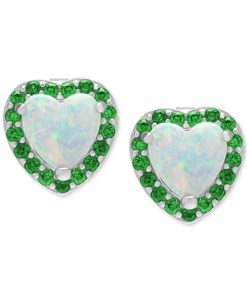 Lab-Grown Opal (3/4 ct. t.w.) & Lab-Grown Green Stone Heart Halo Stud Earrings in Sterling Silver