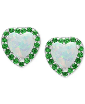 Lab-Grown Opal (3/4 ct. t.w.) & Lab-Grown Green Stone Heart Halo Stud Earrings in Sterling Silver