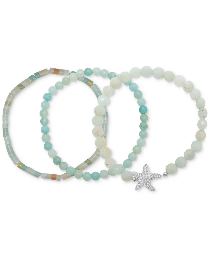 3-Pc. Set Amazonite & Cubic Zirconia Starfish Stretch Bracelets in Sterling Silver