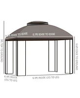 Outsunny 10' x 10' Patio Gazebo, Double Roof Outdoor Gazebo Canopy Shelter with Removable Mesh Netting, Display Shelves, Brown