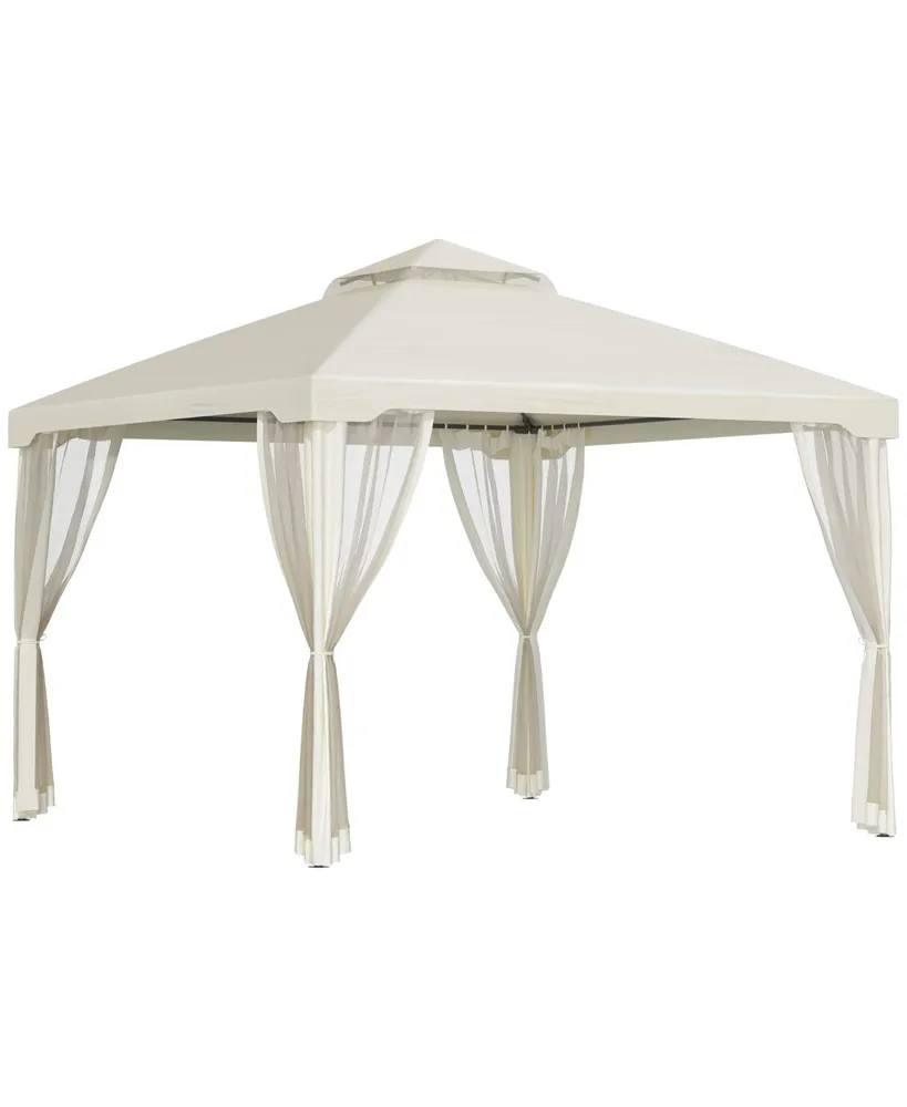 Outsunny 10' x 10' Patio Gazebo Outdoor Canopy Shelter with 2-Tier Roof and Netting, Steel Frame for Garden, Lawn, Backyard and Deck, Cream White