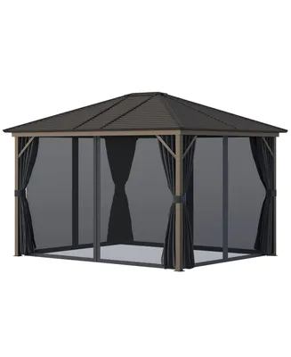 Outsunny 10'x12' Hardtop Gazebo, Mesh, Curtains, Steel Slat Canopy, Dark