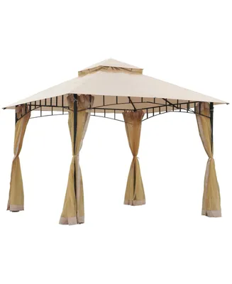 Outsunny 10'x10' Outdoor Patio Gazebo Canopy Metal Canopy Tent with 2-Tier Roof and Mesh Netting for Backyard, Beige