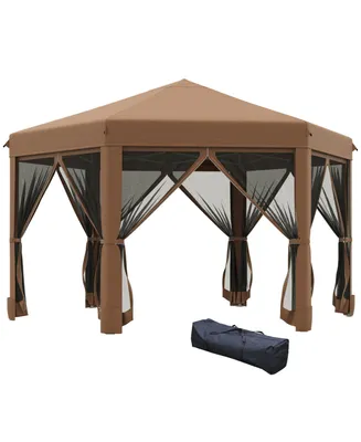 Outsunny 13' x 13' Heavy Duty Pop Up Canopy with Hexagonal Shape, 6 Mesh Sidewall Netting, 3-Level Adjustable Height and Strong Steel Frame, Brown