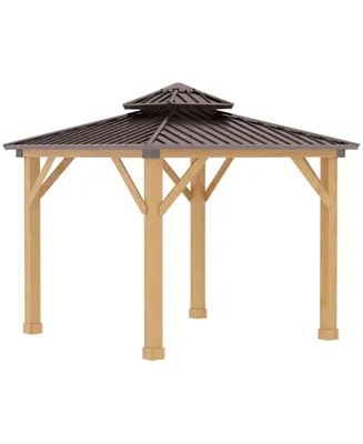Outsunny 10x10 Hardtop Gazebo with Wooden Frame, Permanent Metal Roof Gazebo Canopy with Ceiling Light Hook for Garden, Patio, Backyard, Brown