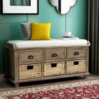 Simplie Fun Rustic Storage Bench With 3 Drawers And 3 Rattan Baskets, Shoe Bench For Living Room