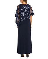 R & M Richards Women's Sequinned Floral-Lace-Poncho Gown