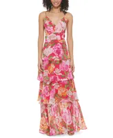 Eliza J Women's Floral-Print V-Neck Tiered Gown