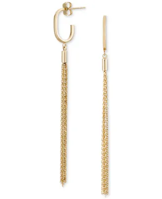 Long Tassel J-Hoop Drop Earrings in 10k Gold
