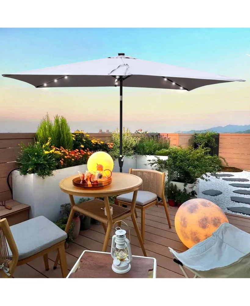 10 X 6.5FT Rectangular Patio Solar Led Lighted Outdoor Umbrellas With Crank And Push Button