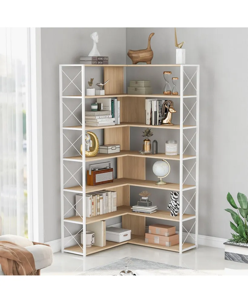 Simplie Fun 7-Tier Bookcase Home Office Bookshelf, L-Shaped Corner Bookcase With Metal Frame, Industrial