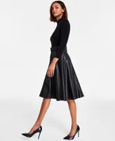 Calvin Klein Women's Faux-Leather-Skirt A-Line Dress