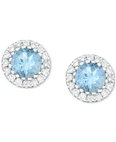 Aquamarine (1/2 ct. t.w.) & Diamond (1/8 ct. t.w.) Halo Stud Earrings in 14k White Gold