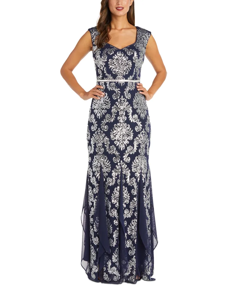 R & M Richards Women's Fleur Sequinned Long A-Line Dress