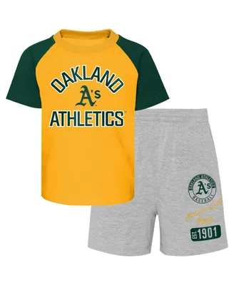 Toddler Boys and Girls Gold, Heather Gray Oakland Athletics Two-Piece Groundout Baller Raglan T-shirt and Shorts Set