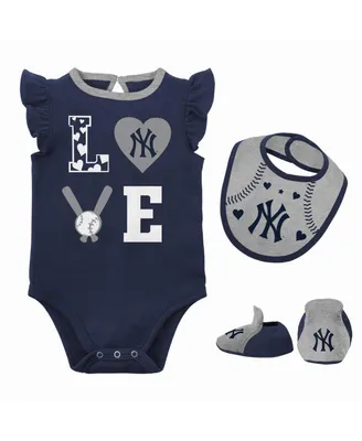 Newborn and Infant Boys Girls Navy, Heather Gray New York Yankees Three-Piece Love of Baseball Bib, Bodysuit Booties Set