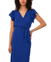 Msk Women's V-Neck Flutter-Sleeve Belted Maxi Dress